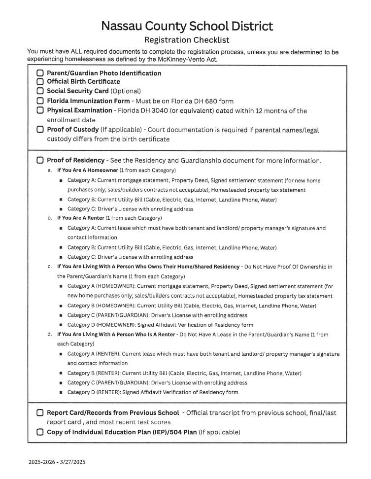  Registration checklist for 25-26 school registration